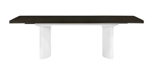 Serania Two Tone Dining Table Modern dining table with dark top and white cylindrical legs on a white background