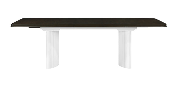 Serania Two Tone Dining Table Modern dining table with dark top and white cylindrical legs on a white background