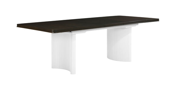 Serania Two Tone Dining Table Rectangular table with dark top and white base on a white background