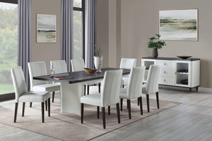 Serania Two Tone Dining TableDining room with a table and chairs in a modern interior setting.
