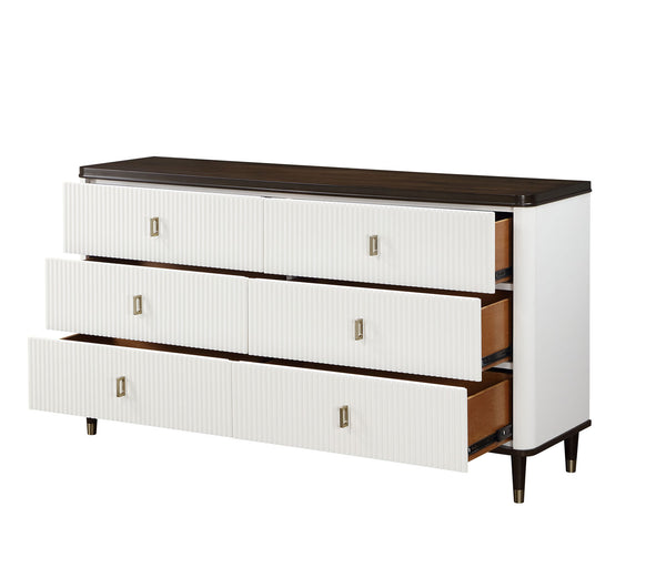 Serania Two Tone Dresser White dresser with dark brown top and legs on a white background