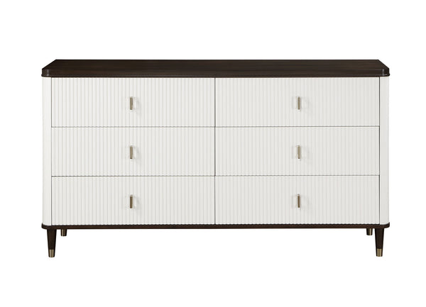 Serania Two Tone Dresser A modern six-drawer dresser with white vertically ribbed drawer fronts, slim silver handles, and a dark brown top and legs, shown on a plain white background.