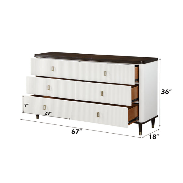 Serania Two Tone Dresser White dresser with dimensions labeled on a white background