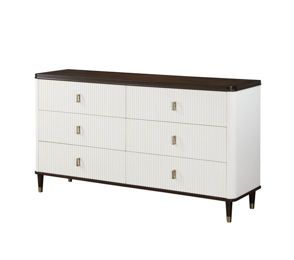 Serania Two Tone Dresser White dresser with dark wood top and legs on a white background