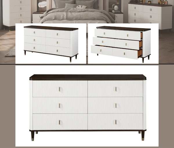 Serania Two Tone Dresser A white dresser with a dark wood top and legs, featuring vertical drawer fronts and small metallic handles. The image includes a large main product view at the bottom and two smaller inset views at the top showing the dresser in a bedroom setting and one drawer pulled open.