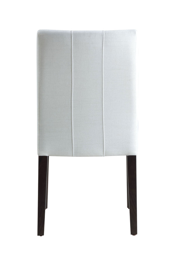 Serania Two Tone Dining Table Chair A modern dining chair with a white upholstered backrest featuring three vertical channel tufting details and dark brown wooden legs, shown against a plain white background.