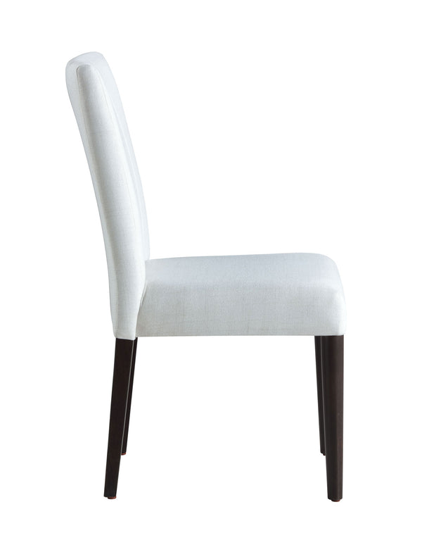 Serania Two Tone Dining Table Chair White chair with dark wooden legs on a white background