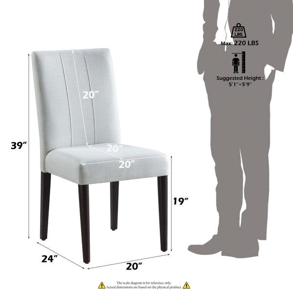 Serania Two Tone Dining Table Chair A light gray upholstered dining chair with dark legs, shown with dimension callouts and a gray human silhouette indicating height and weight requirements.