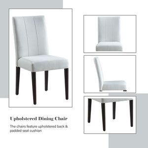 Serania Two Tone Dining Table Chair An upholstered dining chair shown in a composite product layout with three additional angle views on the right and text reading 'Upholstered Dining Chair' below the main chair. The chair has a light gray upholstered back and seat with dark tapered legs.