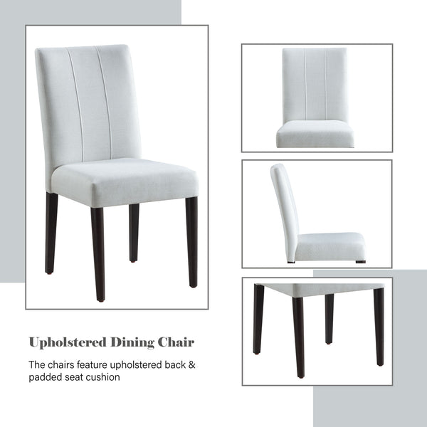 Serania Two Tone Dining Table Chair An upholstered dining chair shown in a composite product layout with three additional angle views on the right and text reading 'Upholstered Dining Chair' below the main chair. The chair has a light gray upholstered back and seat with dark tapered legs.