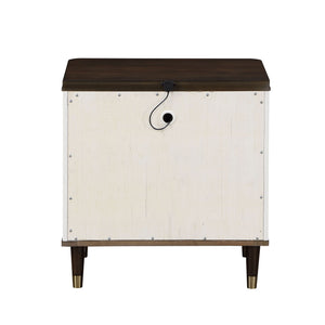 Serania Two Tone Nightstand A modern storage chest or side table with a dark brown wood top and legs, and a distressed off-white front panel. The front features a circular cutout with a black cord running through it, secured by small metal screws.