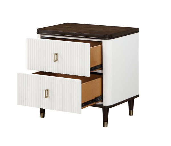 Serania Two Tone Nightstand White nightstand with two drawers and a dark wood top on a white background