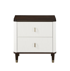 Serania Two Tone Nightstand A modern two-drawer nightstand with a dark brown wood top and legs, white ribbed drawer fronts, and slim gold metal handles, shown on a plain white background.