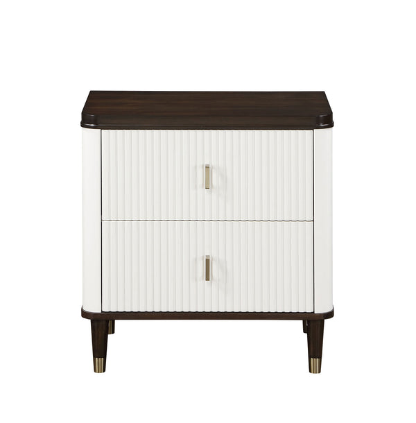 Serania Two Tone Nightstand A modern two-drawer nightstand with a dark brown wood top and legs, white ribbed drawer fronts, and slim gold metal handles, shown on a plain white background.