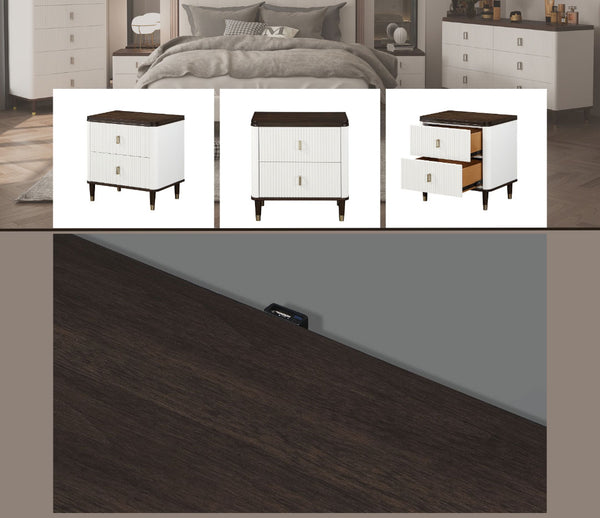 Serania Two Tone Nightstand A bedroom furniture collage showing a white nightstand with a dark wood top from multiple angles, including one open drawer view and a large close-up of the dark wood surface against a gray wall.