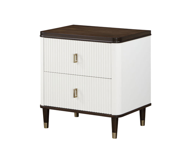 Serania Two Tone Nightstand White cabinet with dark wood top and legs on a white background