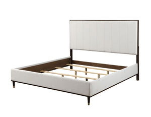 Serania Two Tone Upholstered Bed White upholstered bed frame with wooden slats on a white background