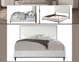 Serania Two Tone Upholstered Bed A collage showing a upholstered bed from multiple angles: a full bed with bedding in a styled room, the bed frame empty with support slats visible, and a front view of the bed with tufted headboard and dark legs.
