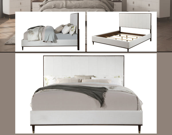 Serania Two Tone Upholstered Bed A collage showing a upholstered bed from multiple angles: a full bed with bedding in a styled room, the bed frame empty with support slats visible, and a front view of the bed with tufted headboard and dark legs.