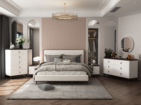 Serania Two Tone Upholstered Bed Modern bedroom with a bed, dressers, and decorative elements.