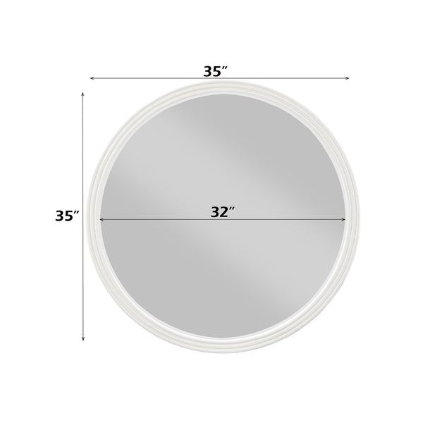 Serania Two Tone Wall Mirror A round wall mirror with a white frame, shown with dimension lines and labels indicating a 35-inch width, 32-inch depth, and 35-inch height on a white background.