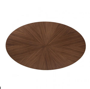 Serika Mid Century Modern Oval Walnut Dining Table An oval wooden table with a rich brown finish and a starburst radial grain pattern, shown from a top-down perspective on a solid white background.