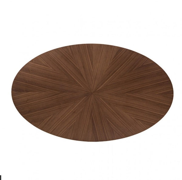 Serika Mid Century Modern Oval Walnut Dining Table An oval wooden table with a rich brown finish and a starburst radial grain pattern, shown from a top-down perspective on a solid white background.