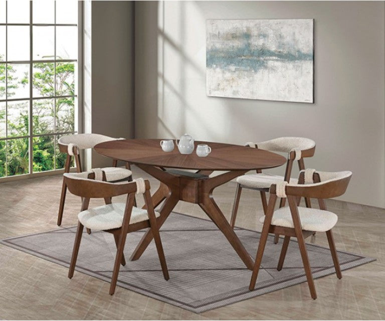 Serika Mid Century Modern Walnut Dining Chair A modern wooden dining chair with a cream bouclé upholstered seat and curved backrest, set against a neutral gray wall and light gray wood-look floor.