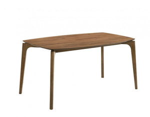 A rectangular wooden dining table with a medium brown wood grain finish and tapered legs, shown against a plain white background.