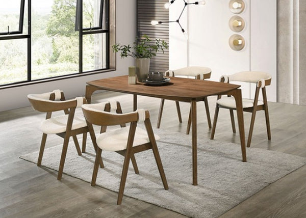 Serika Mid Century Modern Walnut Dining Table Dining room with wooden table and chairs on a rug