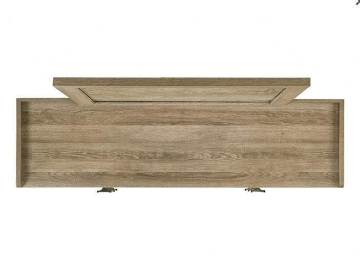 Serrano Contemporary Dusty Oak Finish Dresser Wooden dresser with mirror and decorative items in a room setting