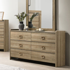 Serrano Contemporary Dusty Oak Finish Dresser Wooden dresser with mirror and decorative items in a room setting