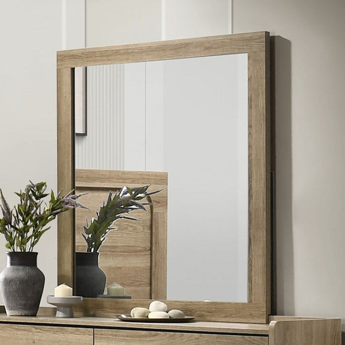 Serrano Contemporary Dusty Oak Finish Mirror Wooden mirror with decorative items on a wooden surface
