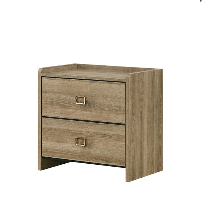 Serrano Contemporary Dusty Oak Finish Nightstand Wooden nightstand with two drawers, a lamp, and an alarm clock in a bedroom setting.