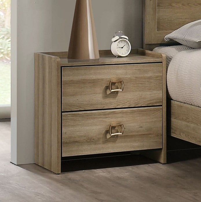 Serrano Contemporary Dusty Oak Finish Nightstand Wooden nightstand with two drawers, a lamp, and an alarm clock in a bedroom setting.
