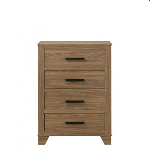 Serranto Walnut Finish Chest Wooden dresser with four drawers on a white background