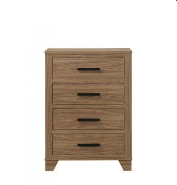 Serranto Walnut Finish Chest Wooden dresser with four drawers on a white background