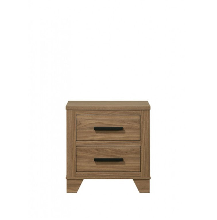 Wooden nightstand with two drawers next to a bed in a bedroom setting.