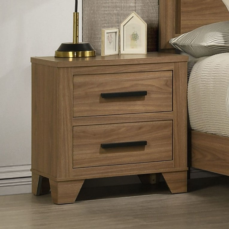 Wooden nightstand with two drawers next to a bed in a bedroom setting.