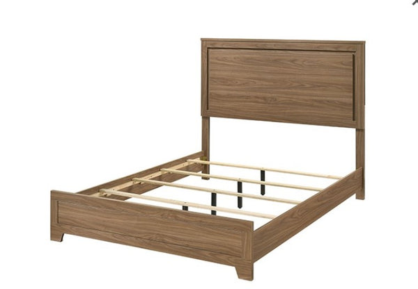 Serranto Walnut Finish Panel Bed Wooden bed frame with headboard on a white background