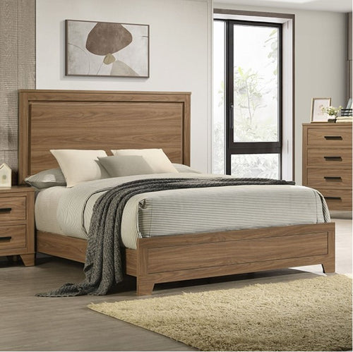 Serranto Walnut Finish Panel Bed Wooden bed in a bedroom setting with matching nightstands and a rug.
