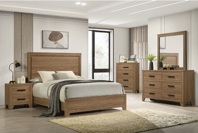 Wooden nightstand with two drawers next to a bed in a bedroom setting.