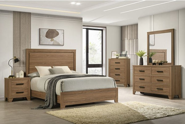 Serranto Walnut Finish Panel Bed Wooden bedroom furniture set including bed, nightstands, and dresser in a room.