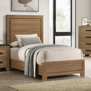 Serranto Walnut Finish Panel full Bed Wooden bed with matching nightstands and dresser in a bedroom setting.