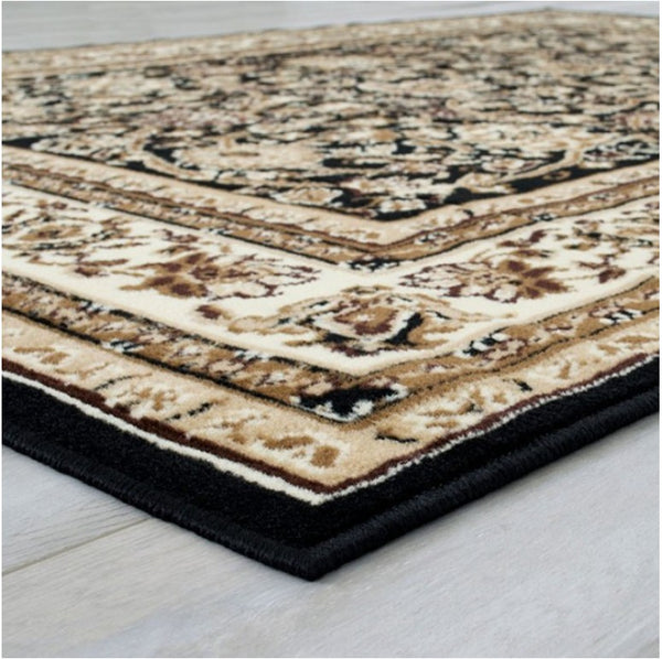 Shotta Traditional Style 5x8 Brown Area Rug Decorative rug with intricate pattern on a light wooden floor
