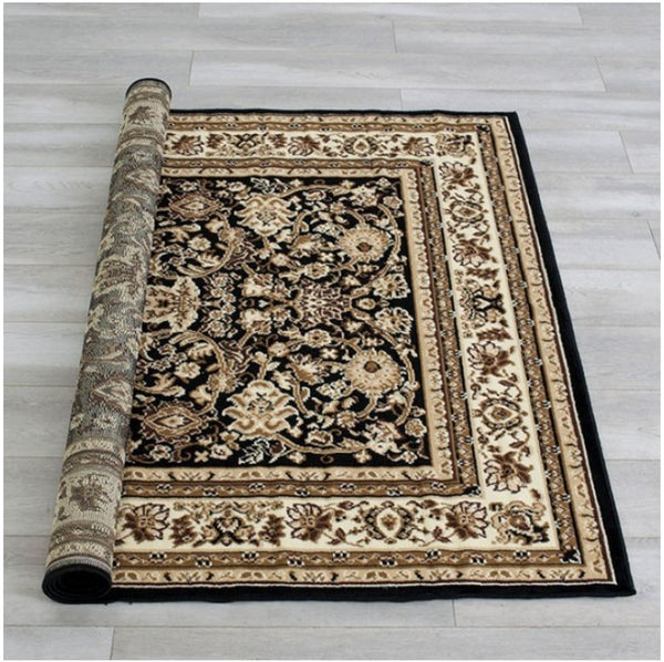 Shotta Traditional Style 5x8 Brown Area Rug Decorative rug with intricate patterns on a wooden floor