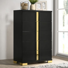 Shysko Black Gold Contemporary Style Chest A modern black 5-drawer chest of drawers with vertical gold metallic accents on the center divider and feet, styled in a room setting next to a window.