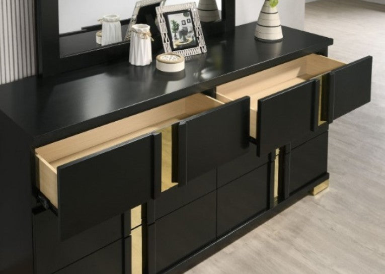 Shysko Black Gold Contemporary Style Dresser A modern black dresser with a matching rectangular mirror, featuring vertical gold metallic accents and gold feet, styled in a contemporary bedroom setting.