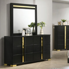 Shysko Black Gold Contemporary Style Dresser A modern black dresser with a matching rectangular mirror, featuring vertical gold metallic accents and gold feet, styled in a contemporary bedroom setting.