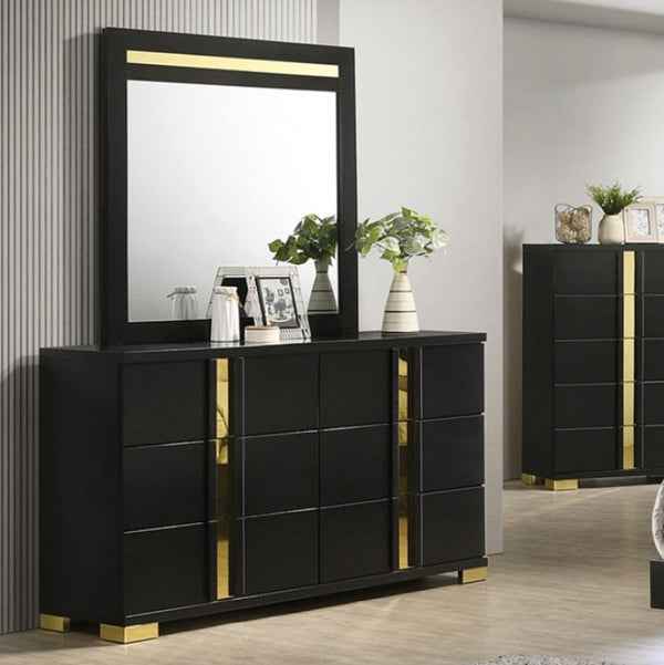 Shysko Black Gold Contemporary Style Dresser A modern black dresser with a matching rectangular mirror, featuring vertical gold metallic accents and gold feet, styled in a contemporary bedroom setting.